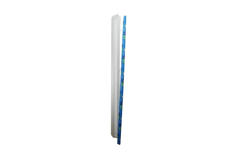 Luminaria LED 705 UL 96 pulgadas 2x36W Sylvania, vista lateral del perfil delgado y el tubo LED azul al lado