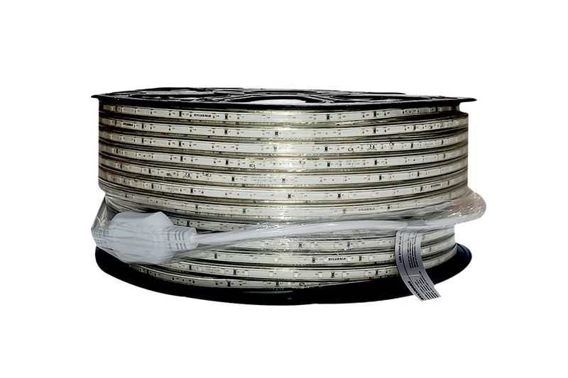 Cinta LED azul 100 mts IP65 Sylvania, rollo blanco con cable de conexión envuelto en plástico