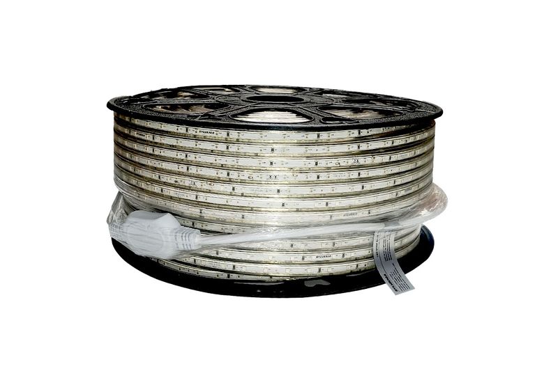 Cinta LED azul 100 mts IP65 Sylvania, rollo completo con cable de alimentación y conector blanco