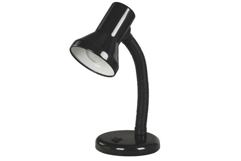 Luminaria de escritorio flexible Ikelite negro E27 1 luz 60 W, vista lateral del equipo con cuello flexible y base redonda