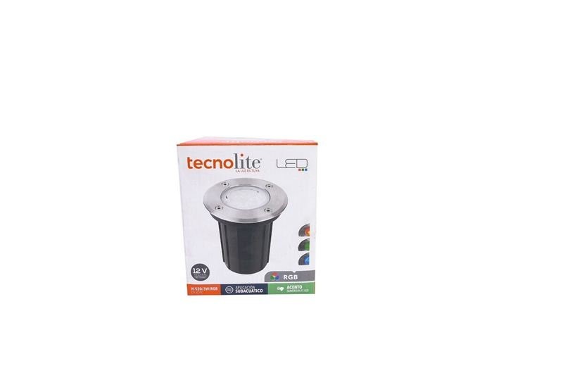 Luminaria empotrable níquel sumergible exterior LED 12V 3 pulgadas 3W RGB Tecnolite, en su empaque con ilustración del equipo