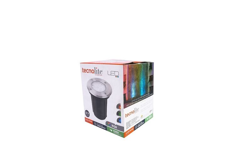 Luminaria empotrable níquel sumergible exterior LED 12V Dijon Tecnolite 3 pulgadas 3W RGB, vista de su empaque cuadrado