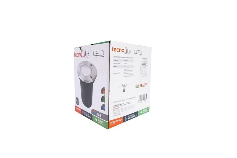 Luminaria empotrable níquel sumergible exterior LED 12 V Dijon Tecnolite 3 pulgadas 3 W RGB, vista frontal de su empaque