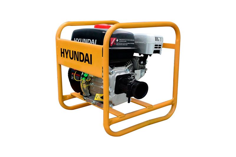 Vibrador para concreto a gasolina motor 4 tiempos 7 HP 3600 RPM Hyundai, vista lateral con estructura tubular amarilla