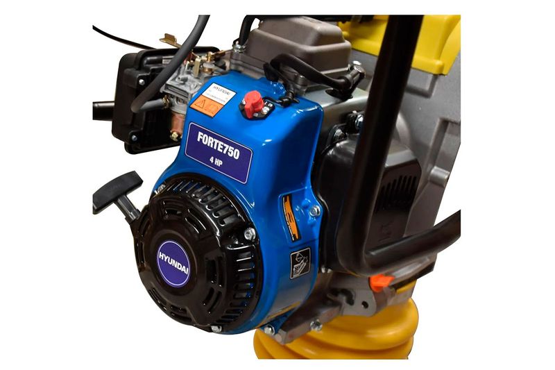 Compactadora a gasolina motor 4 tiempos 800 gpm 4 HP Hyundai, primer plano del motor azul con interruptor rojo