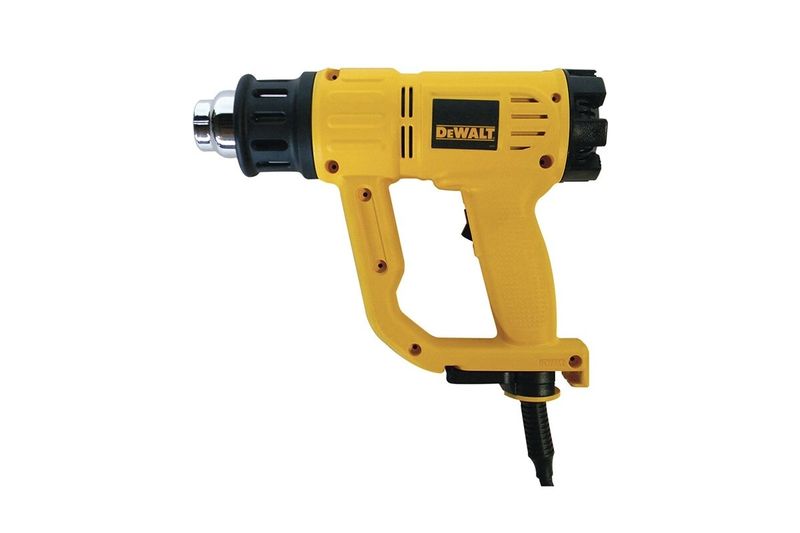 Pistola de calor DeWALT de 1550 watts y 110V, vista lateral del equipo en color amarillo con boquilla metálica