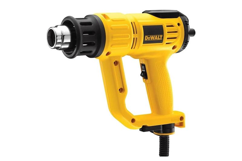 Pistola de calor DeWALT de 1550 watts y 110V, vista lateral del equipo en color amarillo y negro