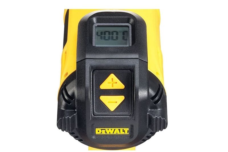 Pistola de calor DeWALT de 1550 watts y 110V, acercamiento al panel de control digital con botones amarillo y negro
