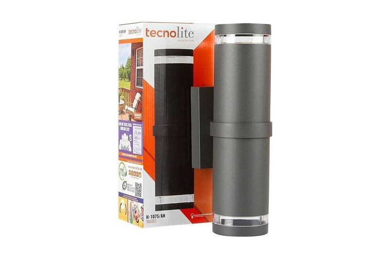 Luminaria de pared exterior moderna Toledo I Tecnolite gris E27 2 luces 20W, producto junto a su caja roja y blanca