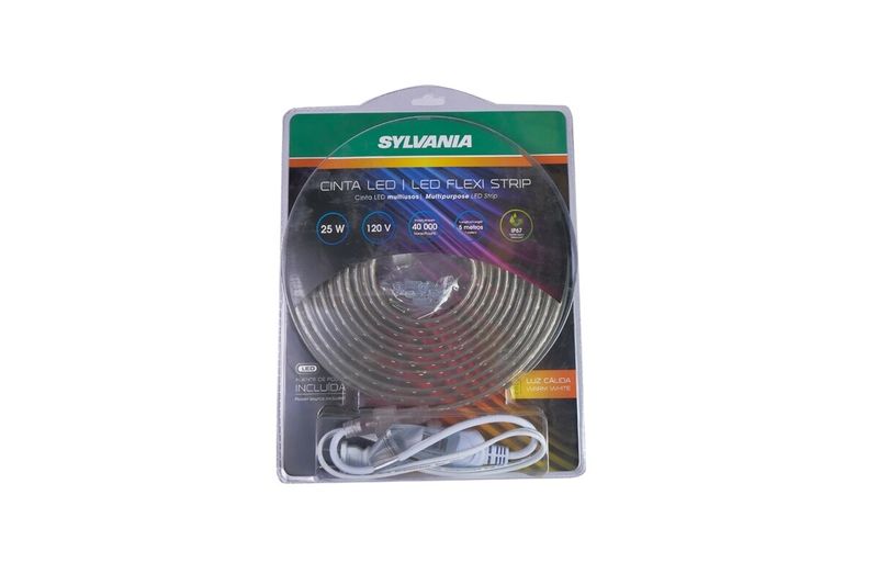 Cinta LED exterior 120 V Sylvania 3000 K 25 W 5 mts, empaque blister con el producto enrollado y cable de conexión