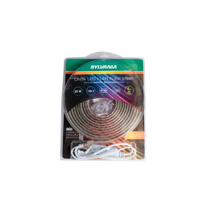 Cinta LED exterior 120V Sylvania 3000K 25W 5 mts, en su empaque blister con el rollo y el cable de alimentación blanco