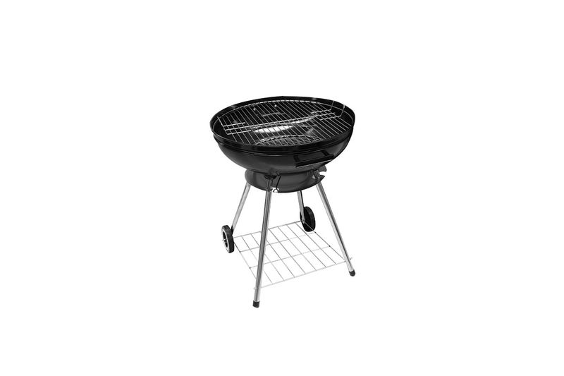 Barbacoa de carbón kettle 22 pulgadas Grill Mark, vista frontal completa en color negro con ruedas y rejilla inferior