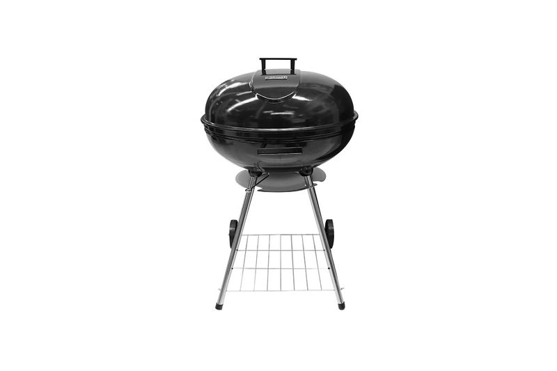 Barbacoa de carbón kettle 22" Grill Mark, cuerpo esférico negro con soporte metálico y ruedas