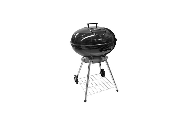 Barbacoa de carbón Kettle 22" Grill Mark, vista completa de color negro con patas metálicas y rejilla inferior