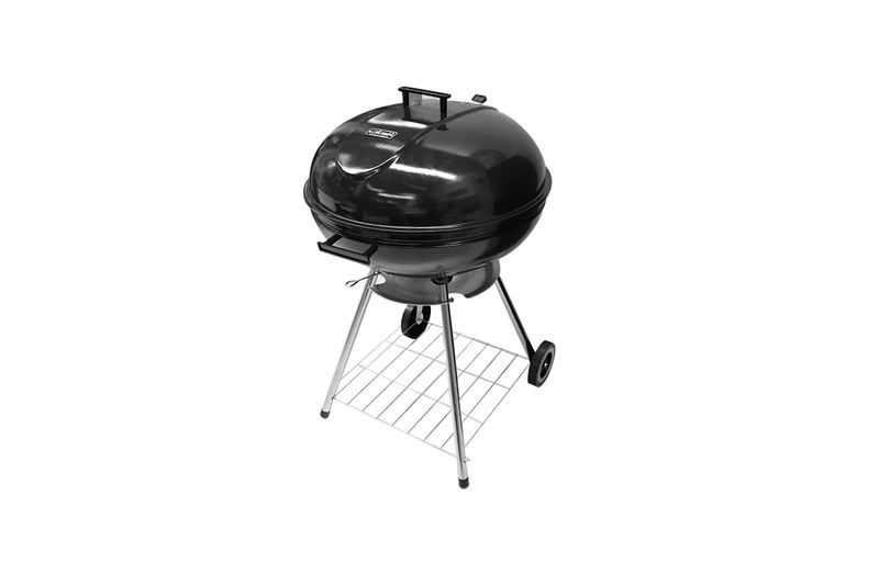 Barbacoa de carbón kettle 22 pulgadas Grill Mark, vista completa en color negro con patas metálicas y ruedas