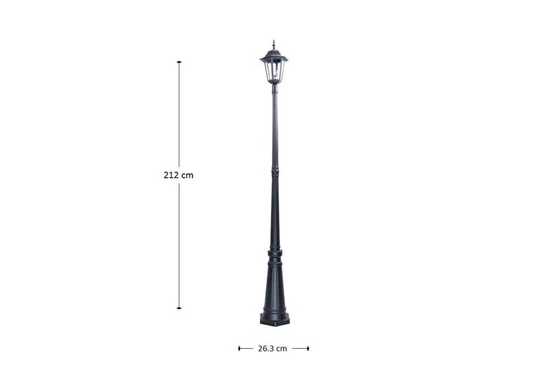 Luminaria de poste exterior Ikelite negro E27 1 luz 100 W, gráfico con medidas de 212 cm de alto y 26.3 cm de base