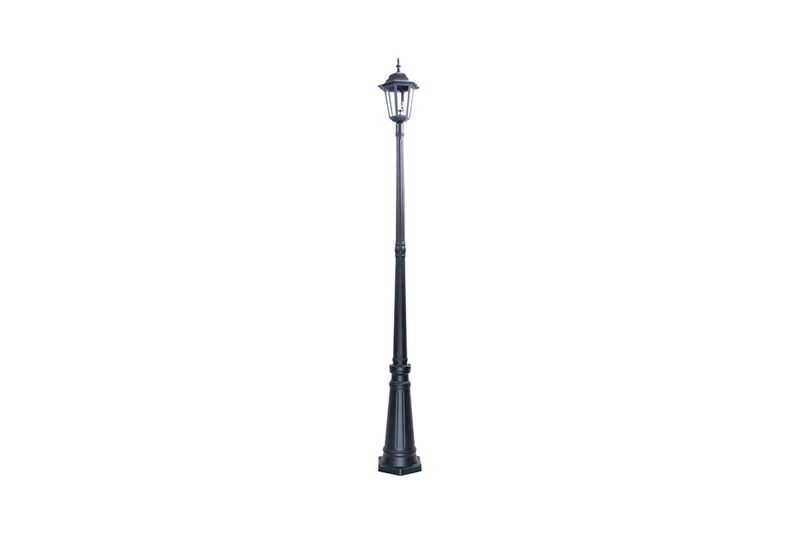 Luminaria de poste exterior Ikelite negro E27 1 luz 100 W, vista frontal completa del poste y el farol sobre fondo blanco