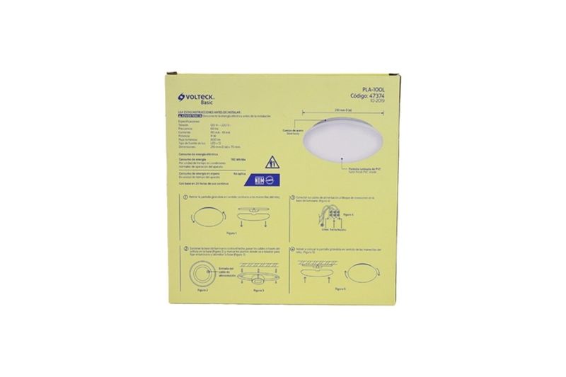 Luminaria plafón 6500K de plástico redondo Volteck blanco LED 8W 600LM, empaque frontal con instrucciones de instalación