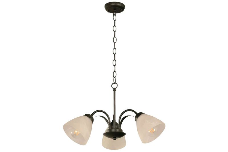 Lámpara colgante clásica Lucca negro 3 luces E27 60 W Sinsa, vista frontal con pantallas de vidrio blanco y cadena