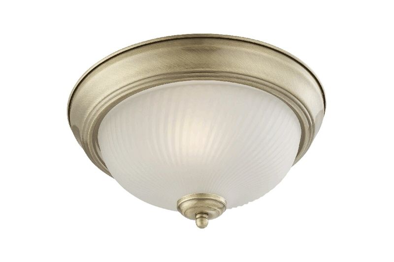 Luminaria plafón de copa redondo Westinghouse 60 W 1 luz E27 bronce antiguo, vista frontal con pantalla de vidrio blanco