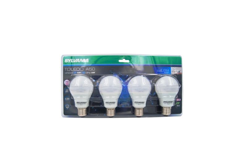 Set de bombillas LED A60 15000 hrs 100V-240V 4 pzas Eco Sylvania 9W E27 6500K, empaque blister con cuatro unidades