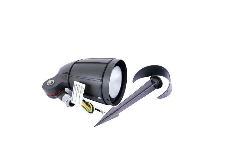 Reflector LED exterior Wally 2 6 W 4000 K 100-277 V IP65 Sylvania, vista lateral con estaca de montaje y cables