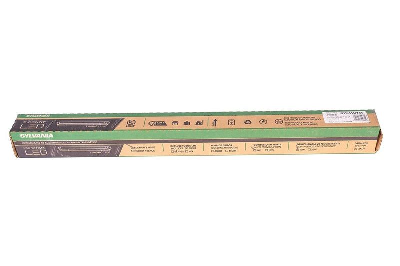 Luminaria UL Super Kit 24 pulgadas 1x9 W Sylvania, vista frontal de la caja de cartón con especificaciones técnicas
