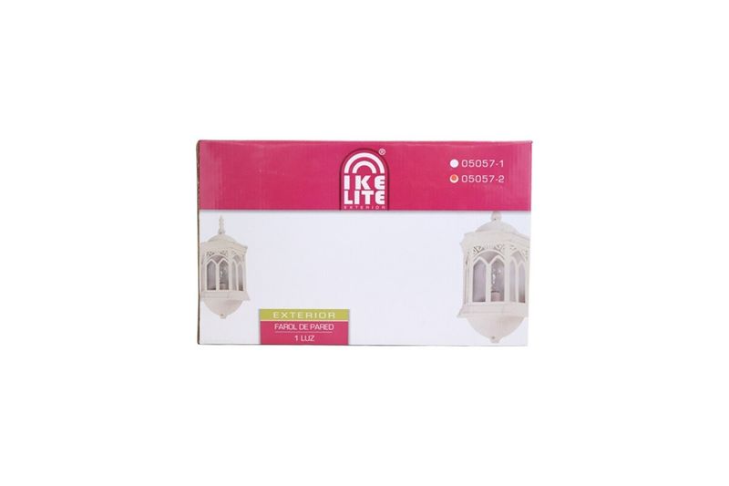 Luminaria de pared exterior clásico Ikelite negro E27 1 luz 40W, empaque de cartón con imágenes del farol y logo de marca