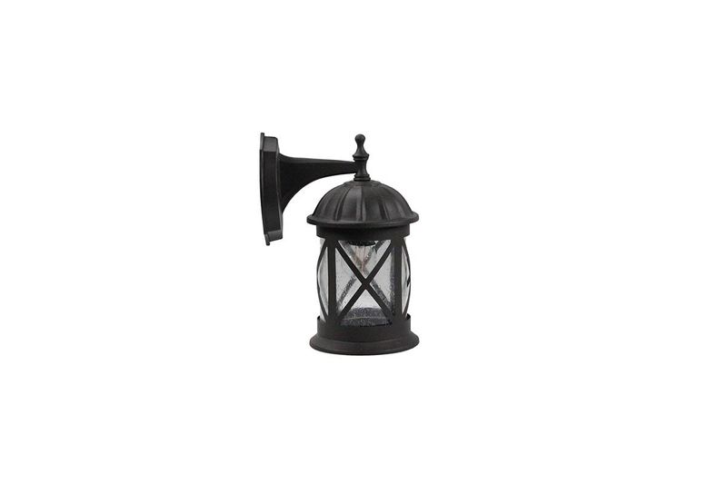 Luminaria de pared exterior clásico Ikelite café E27 1 luz 60 W, vista frontal del farol con estructura metálica y vidrio