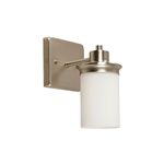 Luminaria de pared de baño moderna Designers níquel E27 1 luz 60 W, vista frontal con pantalla de vidrio blanco opalino