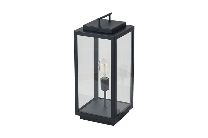 Luminaria de piso al exterior tipo farol Egeon I 1L E27 60W IP44 negro Tecnolite, vista frontal con bombilla filamentosa