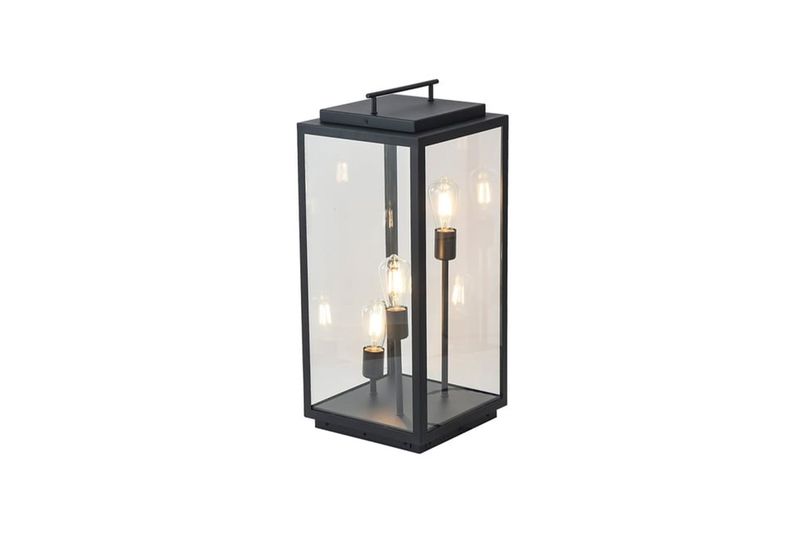 Luminaria de piso al exterior tipo farol Egeon II 3L E27 180W IP44 negro Tecnolite, vista frontal con tres bombillas