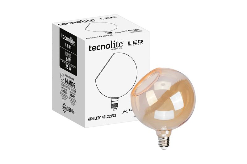 Bombillo vintage G150 E27 6W luz ámbar Tecnolite, bombillo fuera de su caja blanca con ilustraciones y especificaciones