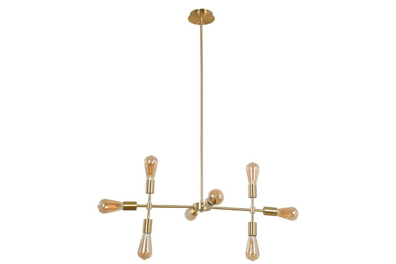 Lámpara colgante Ancona dorado satinado Arteluce de 8 luces E27 60W, vista frontal con bombillas decorativas encendidas