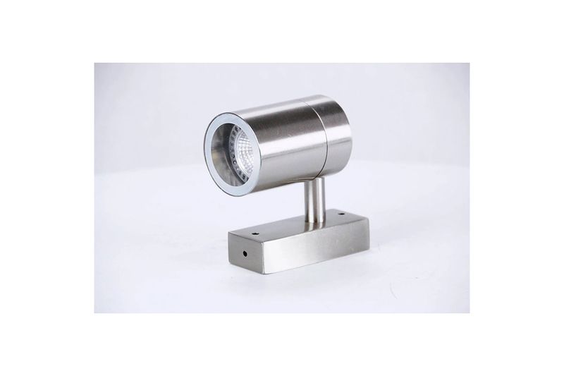 Lámpara de pared exterior plateado 3L GU10 35W-IN&OUT Sinsa, vista lateral de la luminaria cilíndrica sobre base cuadrada