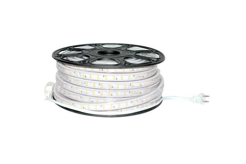 Cinta LED Eco Flex 25 mts 9 W 2700 K 550 lm 120 V IP65 Ledvance, enrollada en carrete negro con cable y enchufe blanco