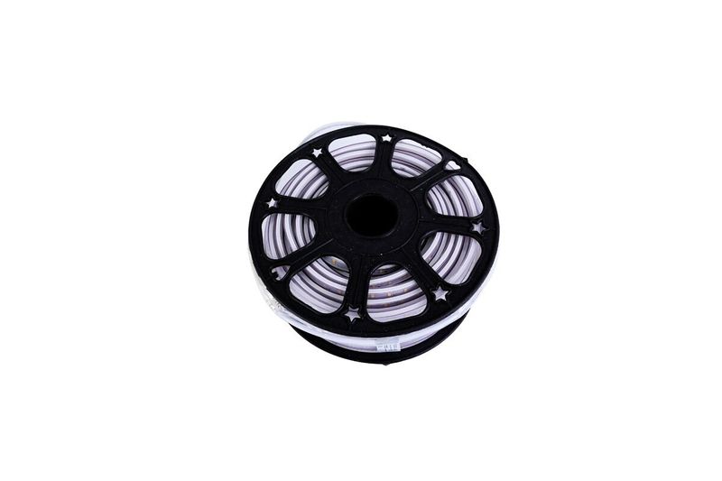Cinta LED Eco Flex 25 mts 9 W 4000 K 550 lm 120 V IP65 Ledvance, vista superior del rollo negro con cinta blanca enrollada