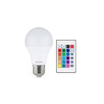 Bombilla LED A60 15000 hrs 120V Sylvania 5W E27 RGB, bombillo blanco con control remoto multicolor a su lado