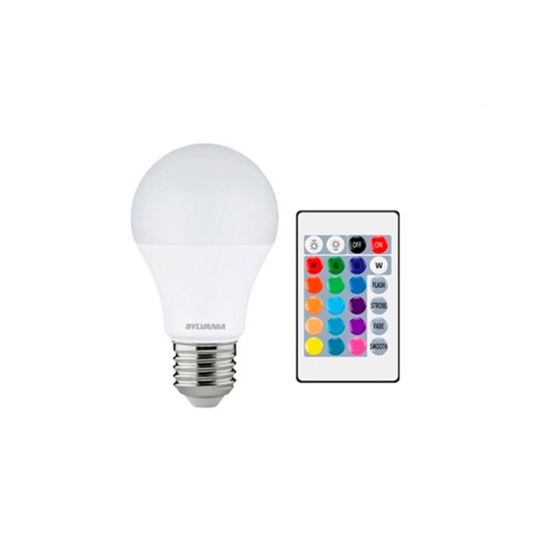 Bombilla LED A60 15000 hrs 120V Sylvania 5W E27 RGB, bombillo blanco con control remoto multicolor a su lado