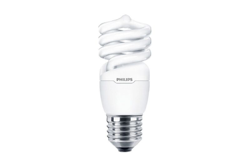 Bombilla fluorescente 6000 hrs 110 V Eco Twister Philips 15 W E27 6500 K 840 lm, vista frontal con tubo en espiral blanco