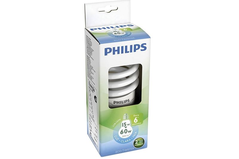 Bombilla fluorescente 6000 hrs 110 V Eco Twister Philips 15 W E27 6500 K 840 lm, empaque frontal con ventana transparente