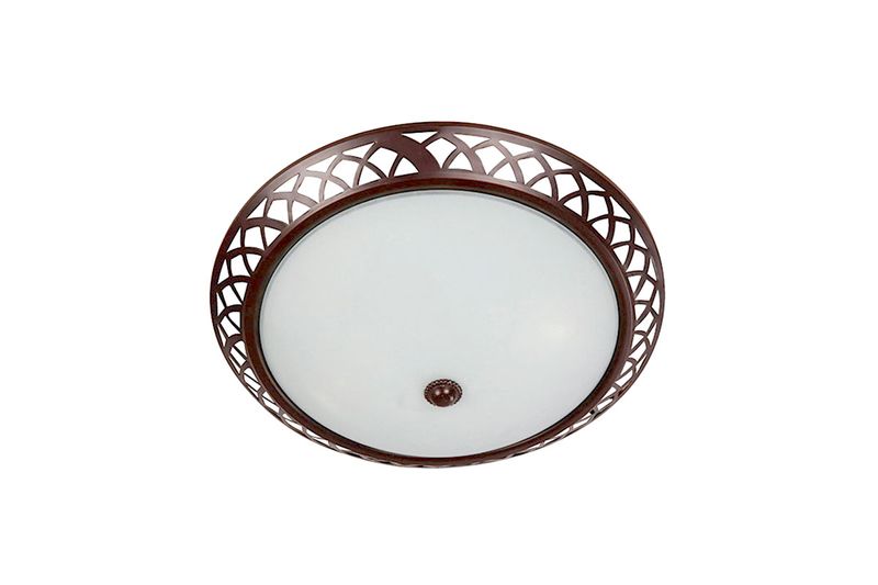 Luminaria plafón de copa redondo Ikelite café E27 2 luces 40 W, vista frontal con pantalla blanca y borde calado