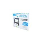 Reflector LED flood light slim 100 W 8000 lm 6500 K negro Ilukon, en su empaque blanco con ilustración del producto