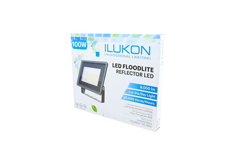 Reflector LED flood light slim 100 W 8000 lm 6500 K negro Ilukon, en su empaque blanco con ilustración del producto
