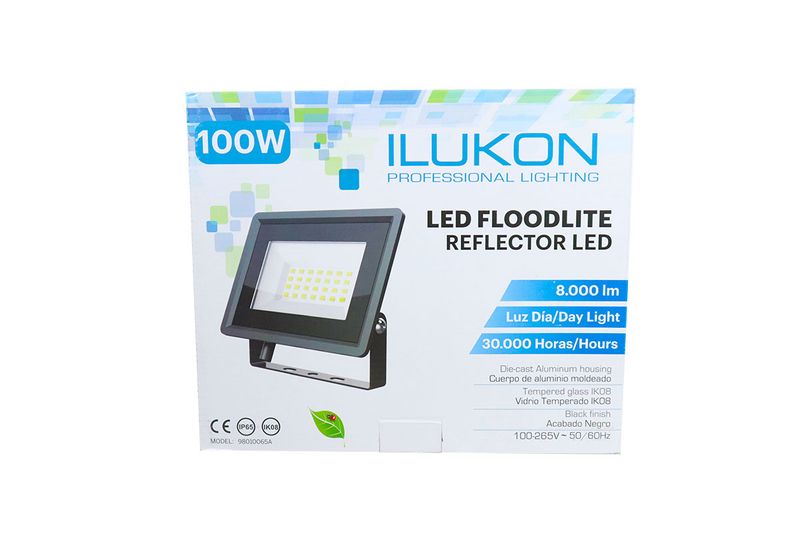 Reflector LED flood light slim 100 W 8000 lm 6500 K negro Ilukon, en su empaque blanco con ilustración del equipo