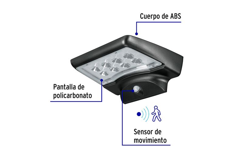 Arbotante solar de pared exterior con sensor LED 6500K 120-220V IP45 negro Volteck, gráfico con detalles de sus materiales