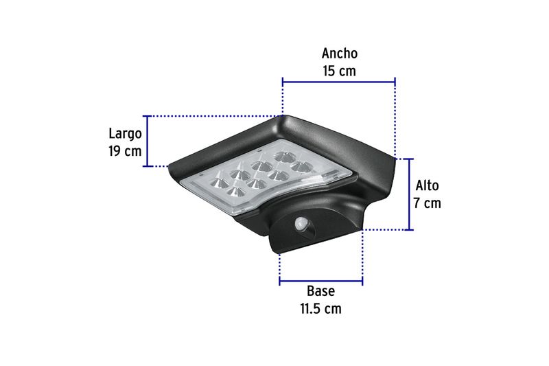 Arbotante solar de pared exterior con sensor LED 6500K 120-220V IP45 negro Volteck, gráfico con medidas de dimensiones