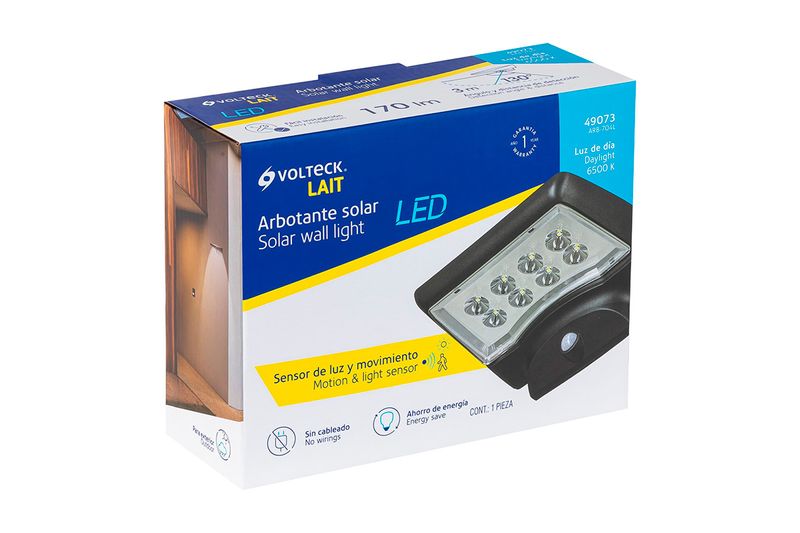 Arbotante solar de pared exterior con sensor LED 6500K 120-220V IP45 negro Volteck, caja con ilustración del producto