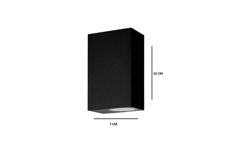 Luminaria de pared LED aplique cuad Scogliera-E 2L GU10 5W IP44 mod 74023 negra Eglo, gráfico con medidas de 15 cm y 7 cm