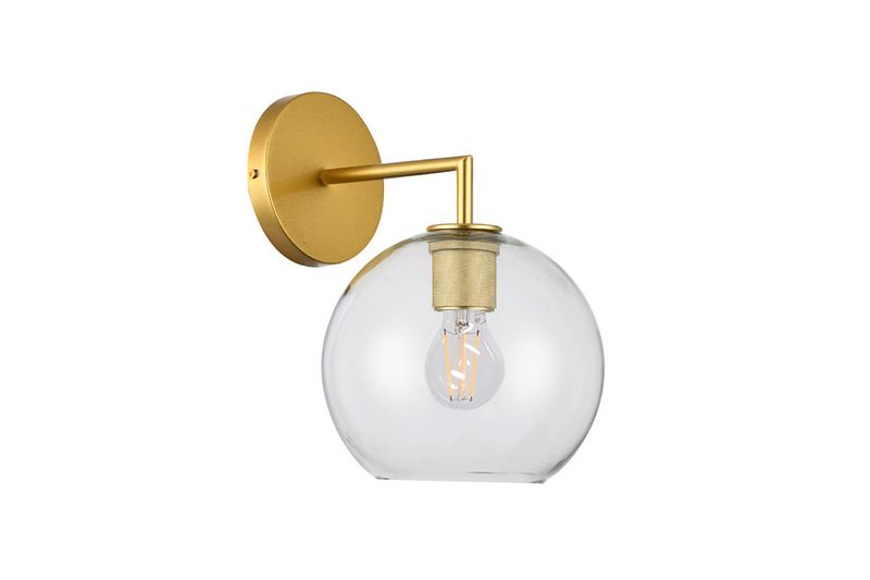 Lámpara de pared interior Cordelia II 1L E27 100-240V IP20 dorado Tecnolite, vista frontal con globo de vidrio transparente